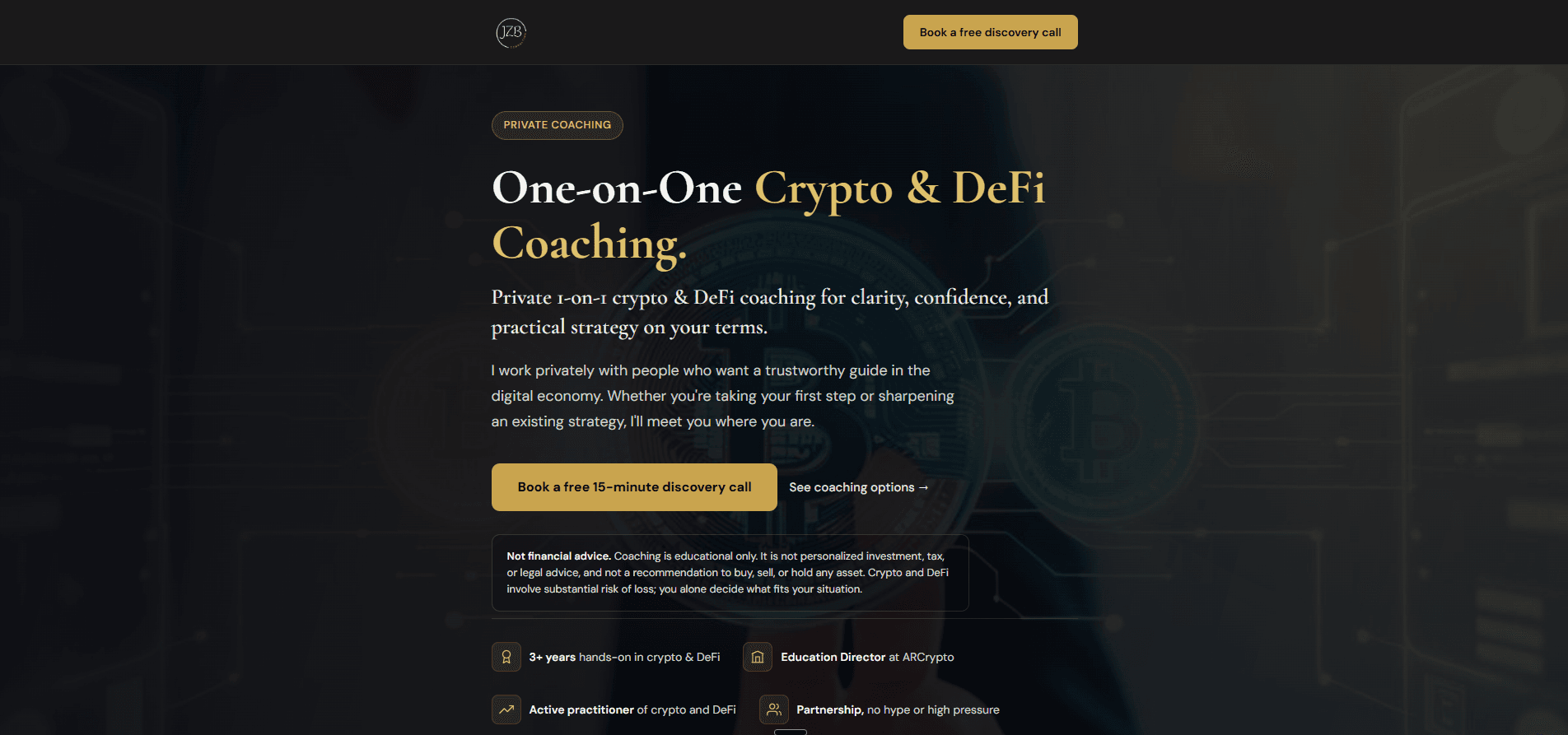 JB Coaches Crypto homepage with private crypto coaching packages and PayPal checkout